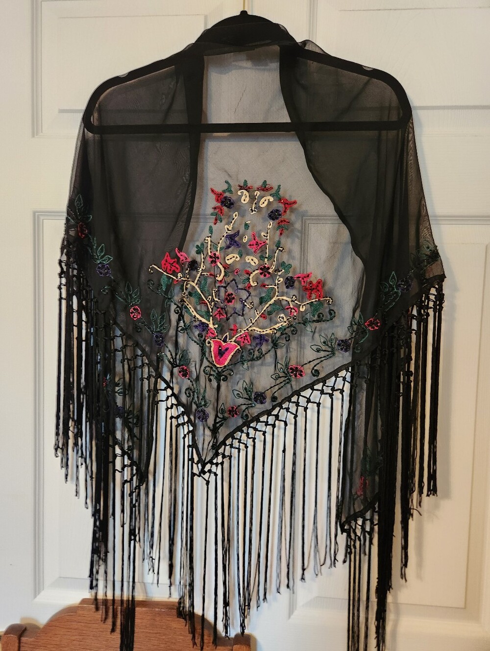Reaction by Kenneth Cole, Black Floral Embroidered Fringe Shawl - Picture 6 of 6